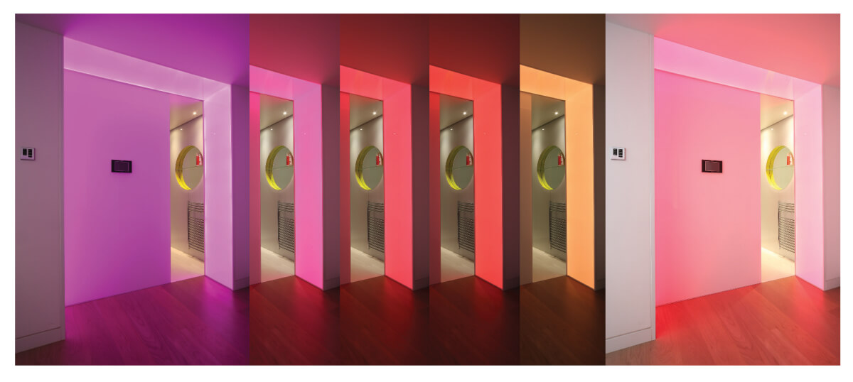 Colour changing LED LightSheet frames the entrance to the Sauna in a modern mews house