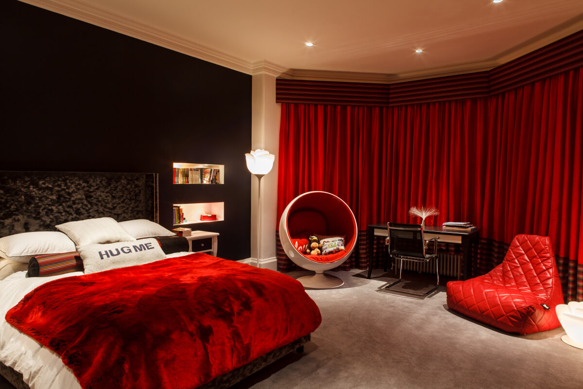 bold lighting for a striking red bedroom